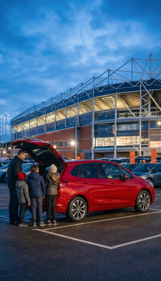 Football supporters arriving from nearby stadium parking